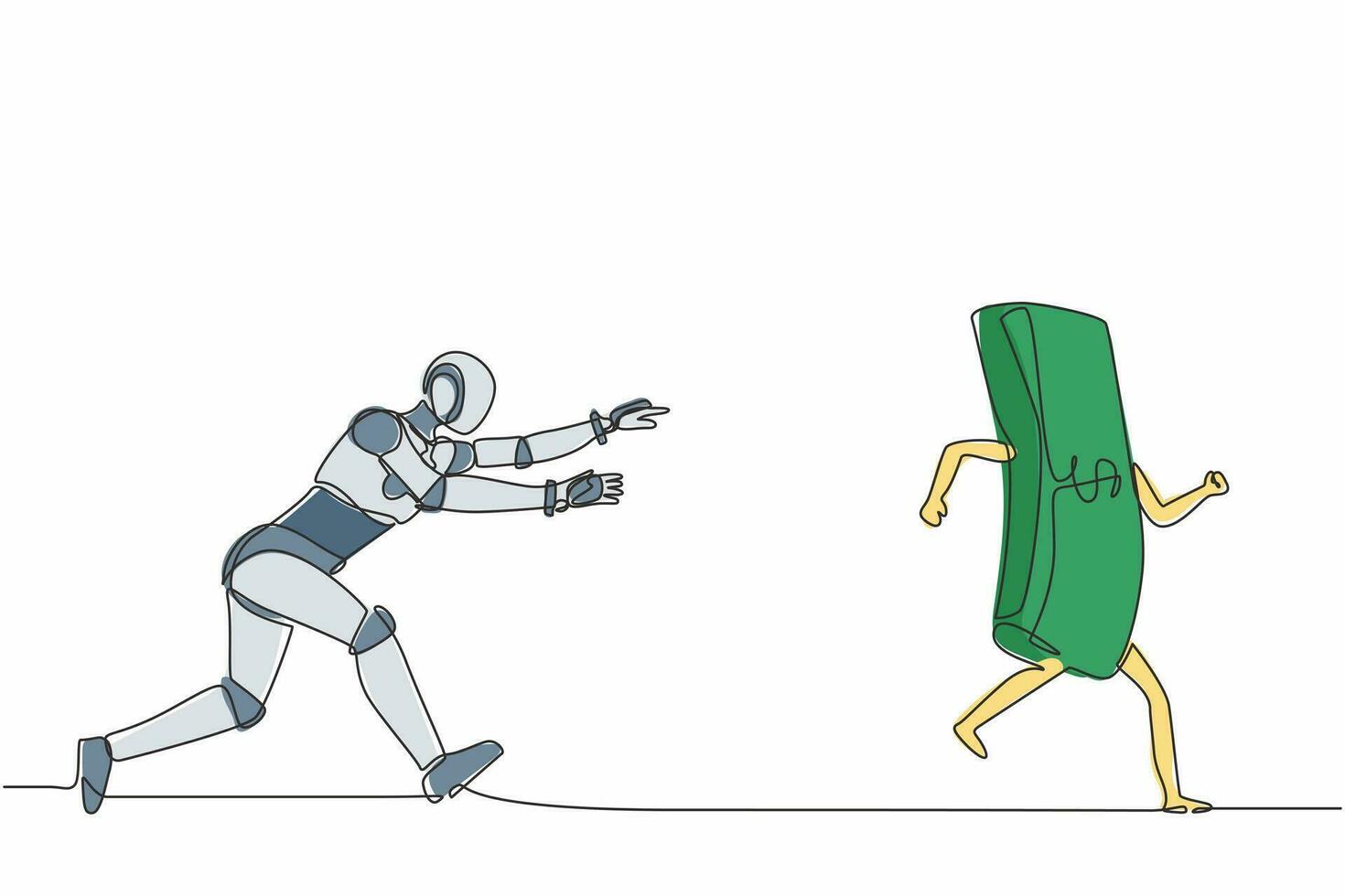 Single one line drawing robot running and chasing after run away money. Future technology development. Artificial intelligence and machine learning. Continuous line design graphic vector illustration