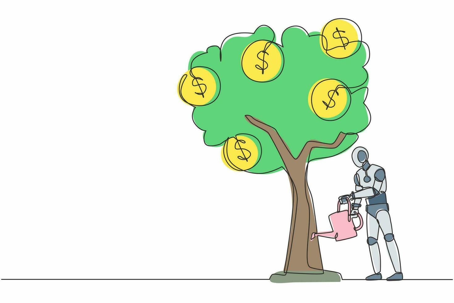 Single continuous line drawing robot watering tree with coins dollar symbol. Profit growth. Robotic artificial intelligence. Electronic technology. One line draw graphic design vector illustration