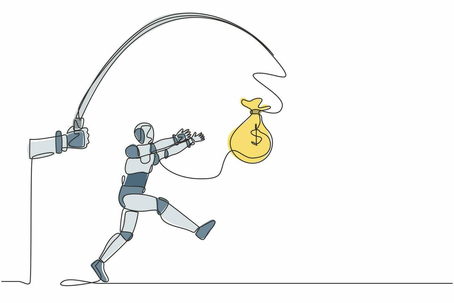 Single continuous line drawing hand with fishing pole and money bag control greedy robot. Robotic artificial intelligence. Electronic technology. One line draw graphic design vector illustration