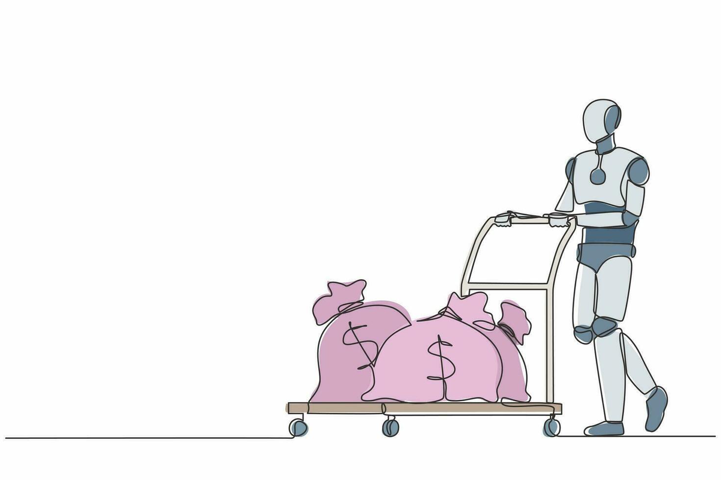 Single continuous line drawing robot push cart with money bags. Reward or profit. Modern robotic artificial intelligence. Electronic technology industry. One line graphic design vector illustration