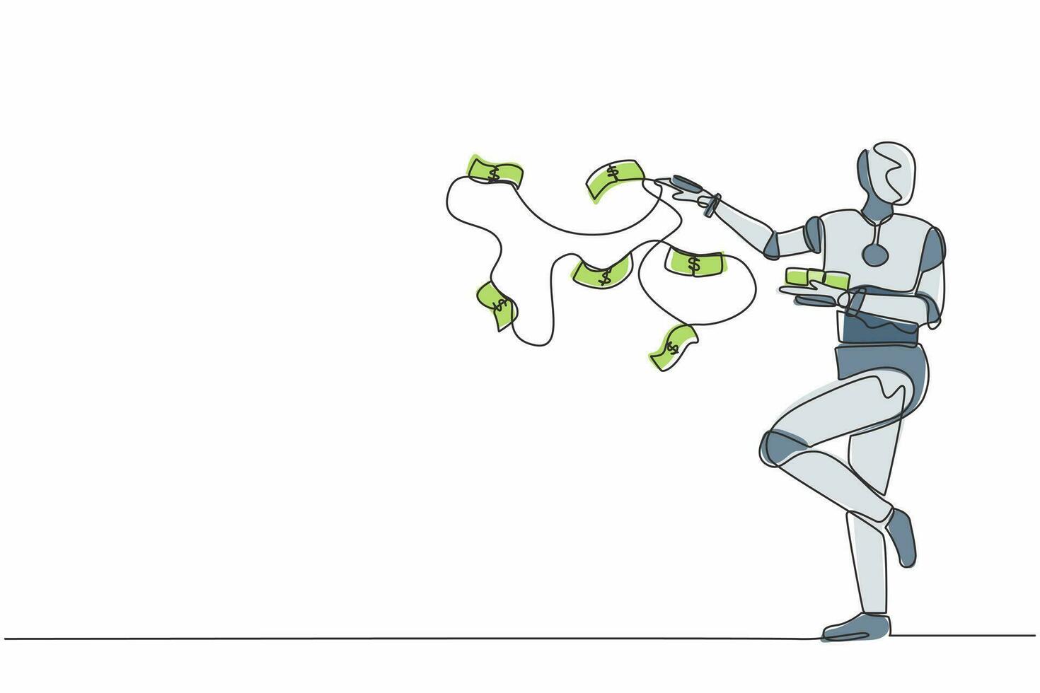 Continuous one line drawing robot throw out pile of money banknotes flying into the air. Humanoid robot cybernetic organism. Future robotics development. Single line draw design vector illustration