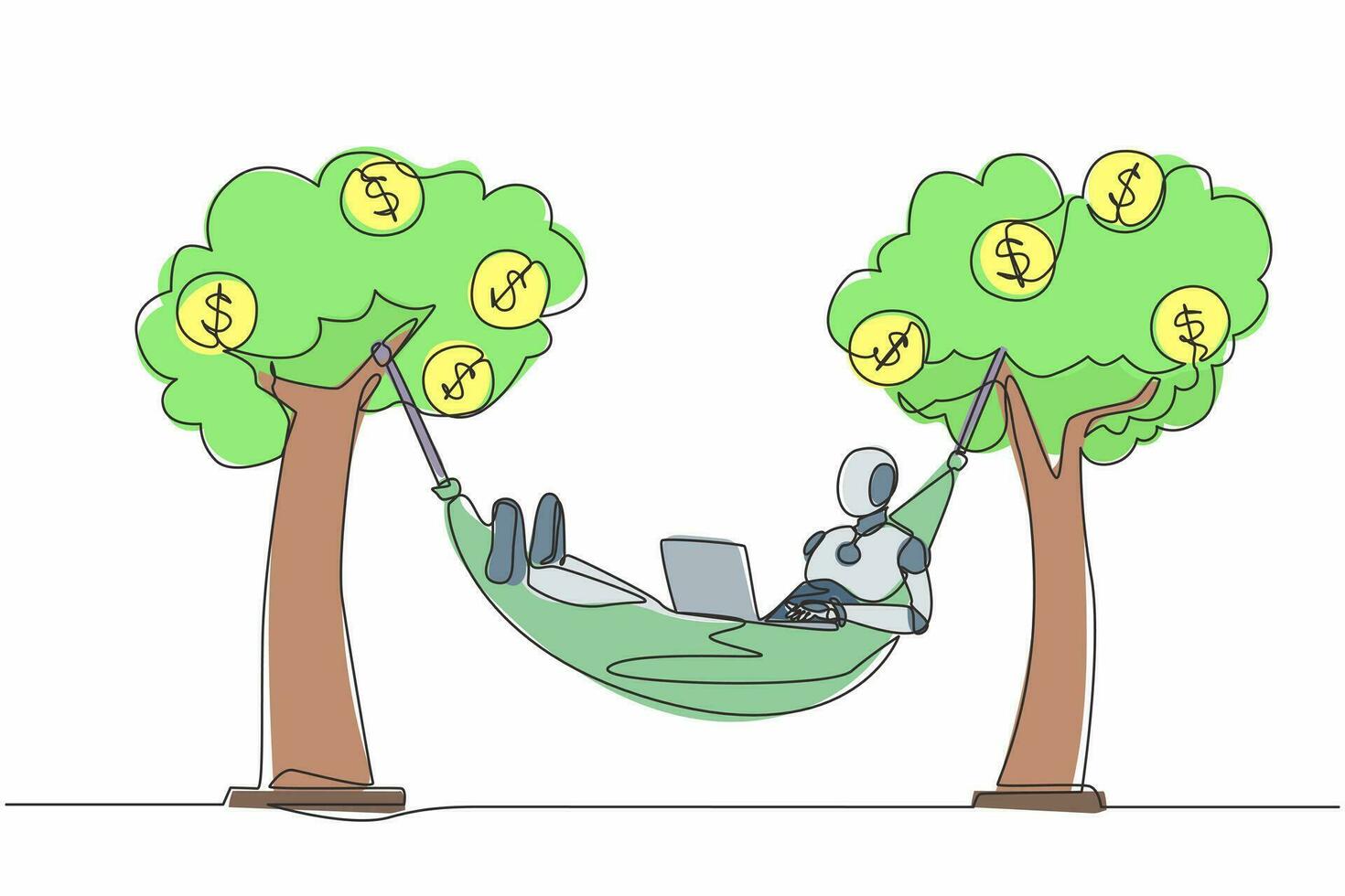robot de dibujo de una sola línea continua escribiendo con un portátil en una hamaca atada a un árbol de dinero con una moneda de un dólar. inteligencia artificial robótica. tecnología electrónica. ilustración de vector de diseño de dibujo de una línea