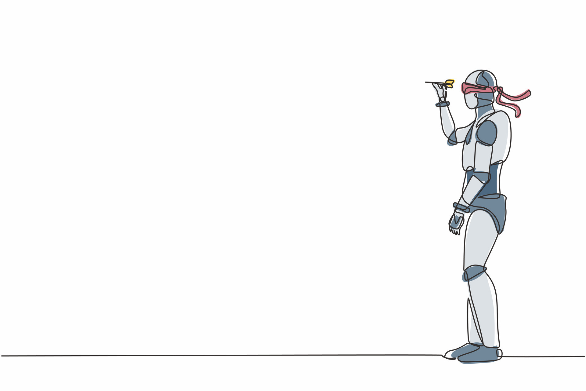 Single continuous line drawing robot blindfolded throwing dart. Unclear