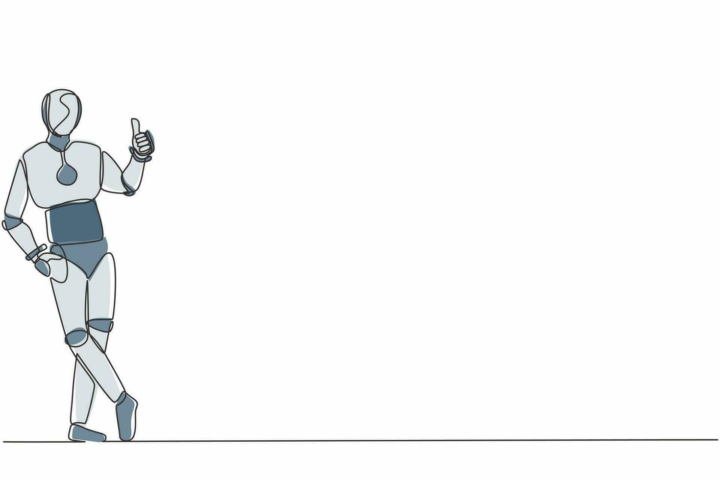 Single one line drawing robot standing or leaning with thumbs up gesture. Future technology development. Artificial intelligence and machine learning. Continuous line draw design vector illustration