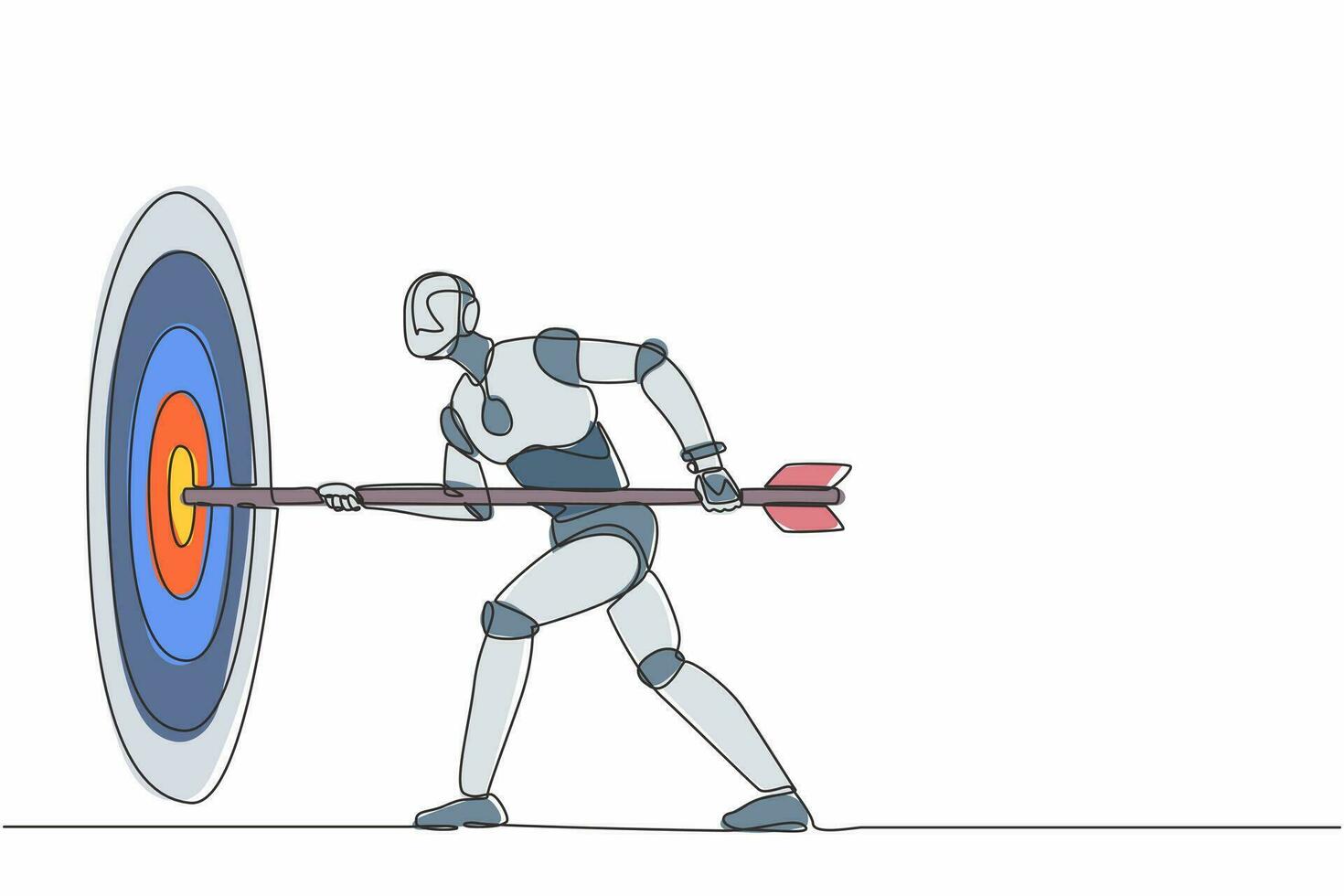 Single continuous line drawing robot hold arrow in hand to target