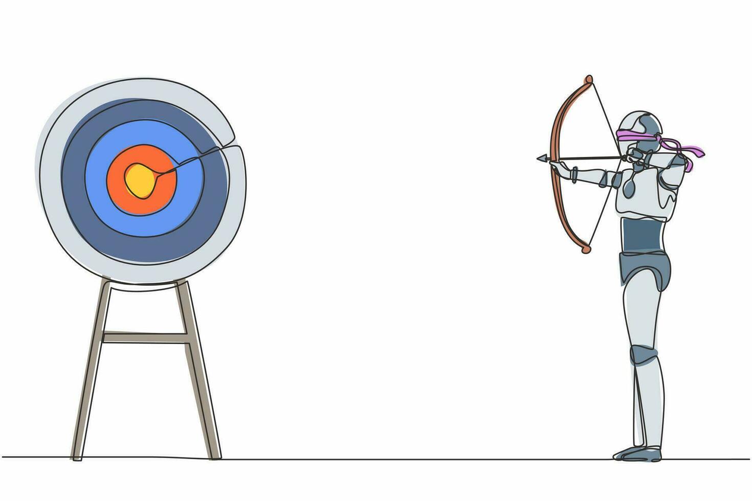 Continuous one line drawing blindfold robot holding bow arrow looking for target. Humanoid robot cybernetic organism. Future robotics development. Single line draw design vector graphic illustration