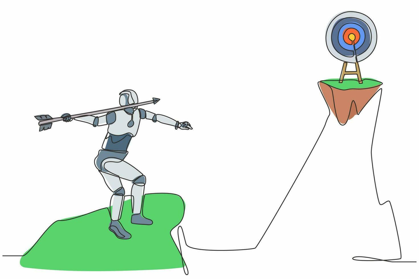 Single continuous line drawing robot standing on peak of cliff targeting arrow to dartboard. Modern robotic artificial intelligence. Electronic technology industry. One line draw graphic design vector