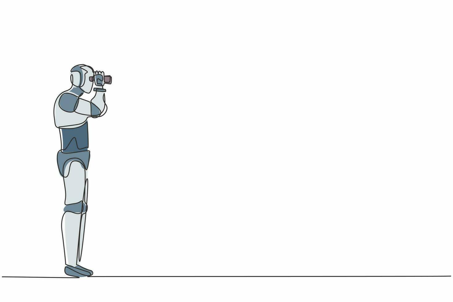 Single one line drawing robot looking opportunities with binoculars in hand. Future technology development. Artificial intelligence machine learning. Continuous line draw design vector illustration