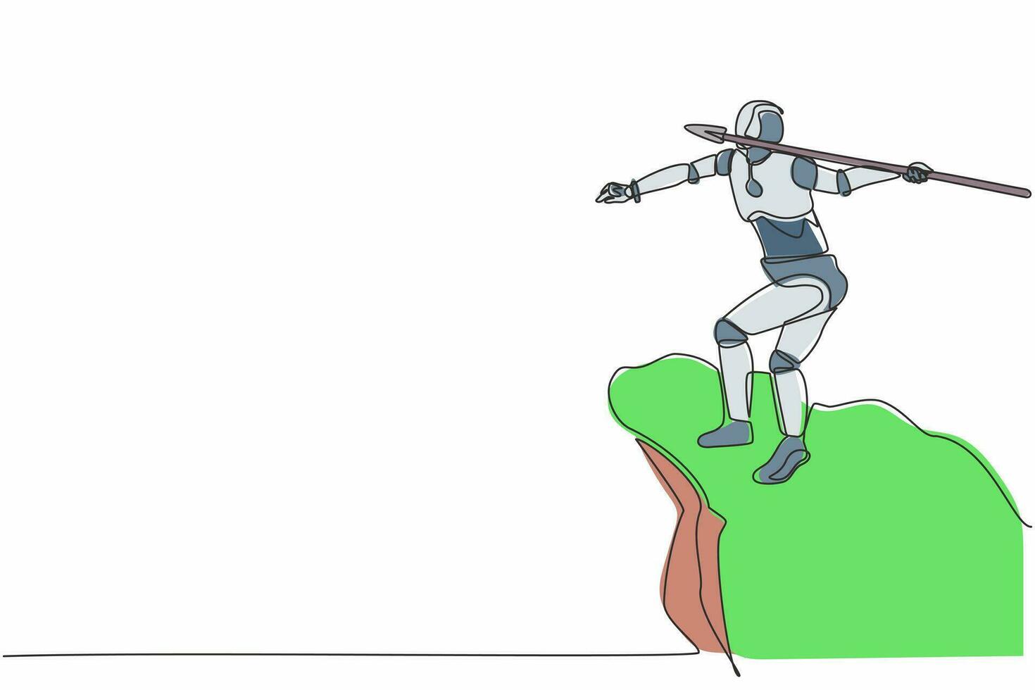 Continuous one line drawing robot standing on peak of cliff targeting dartboard with big arrow. Humanoid robot cybernetic organism. Future robotic development. Single line design vector illustration