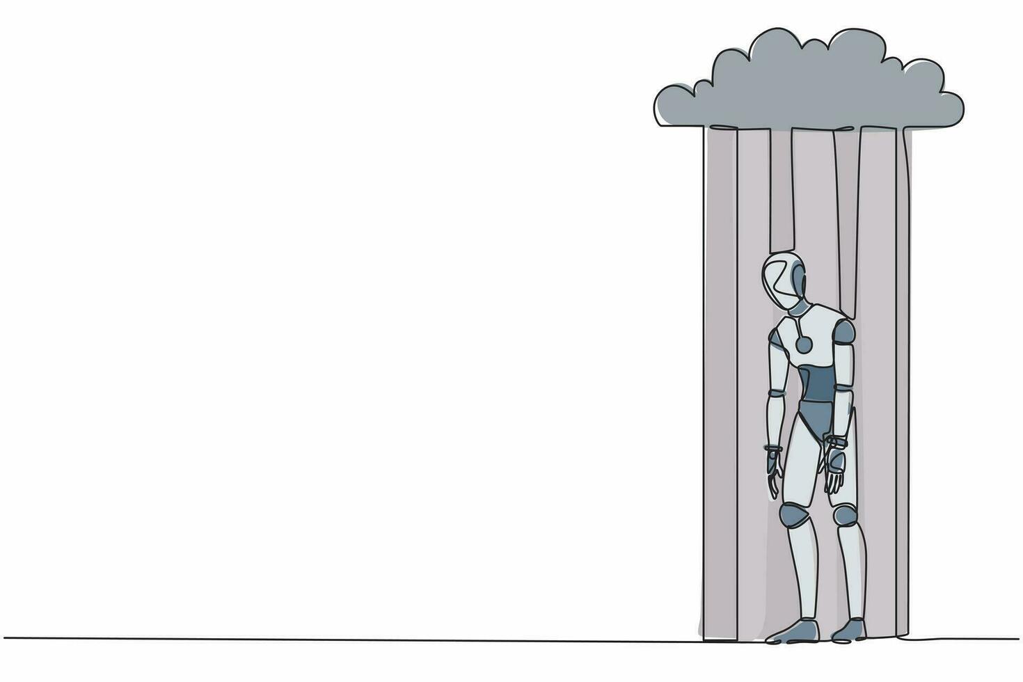 Single continuous line drawing unhappy depressed sad robot in stress walking under rain cloud. Robotic artificial intelligence. Electronic technology. One line draw graphic design vector illustration