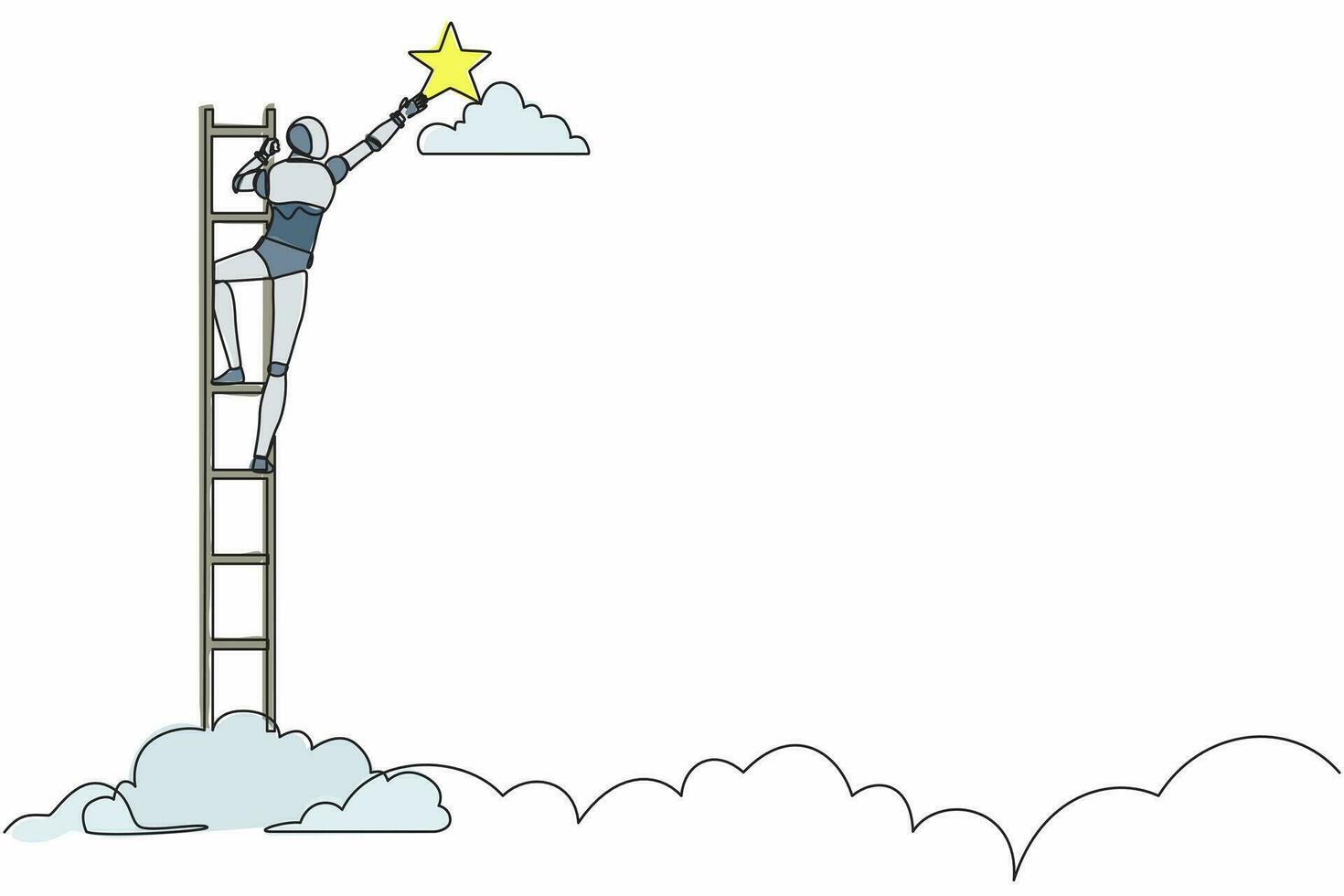 Continuous one line drawing robot standing on stairs and reaching star on the sky. Humanoid robot cybernetic organism. Future robotic development. Single line draw design vector graphic illustration