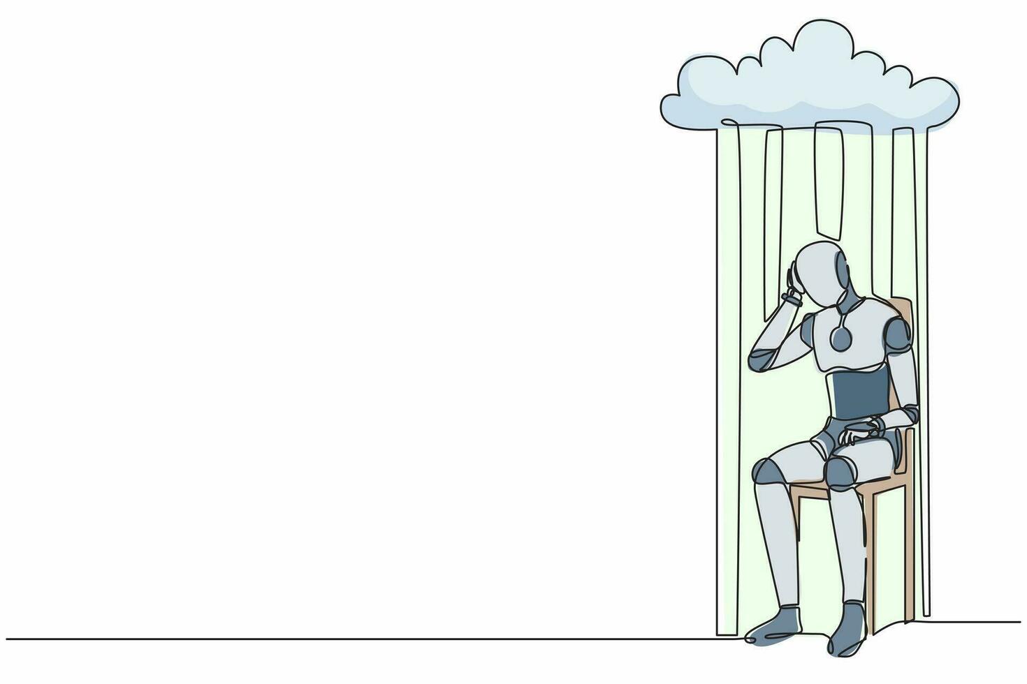 Single one line drawing robot sitting on chair under rain cloud. Future technology development. Artificial intelligence and machine learning processes. Continuous line draw design vector illustration