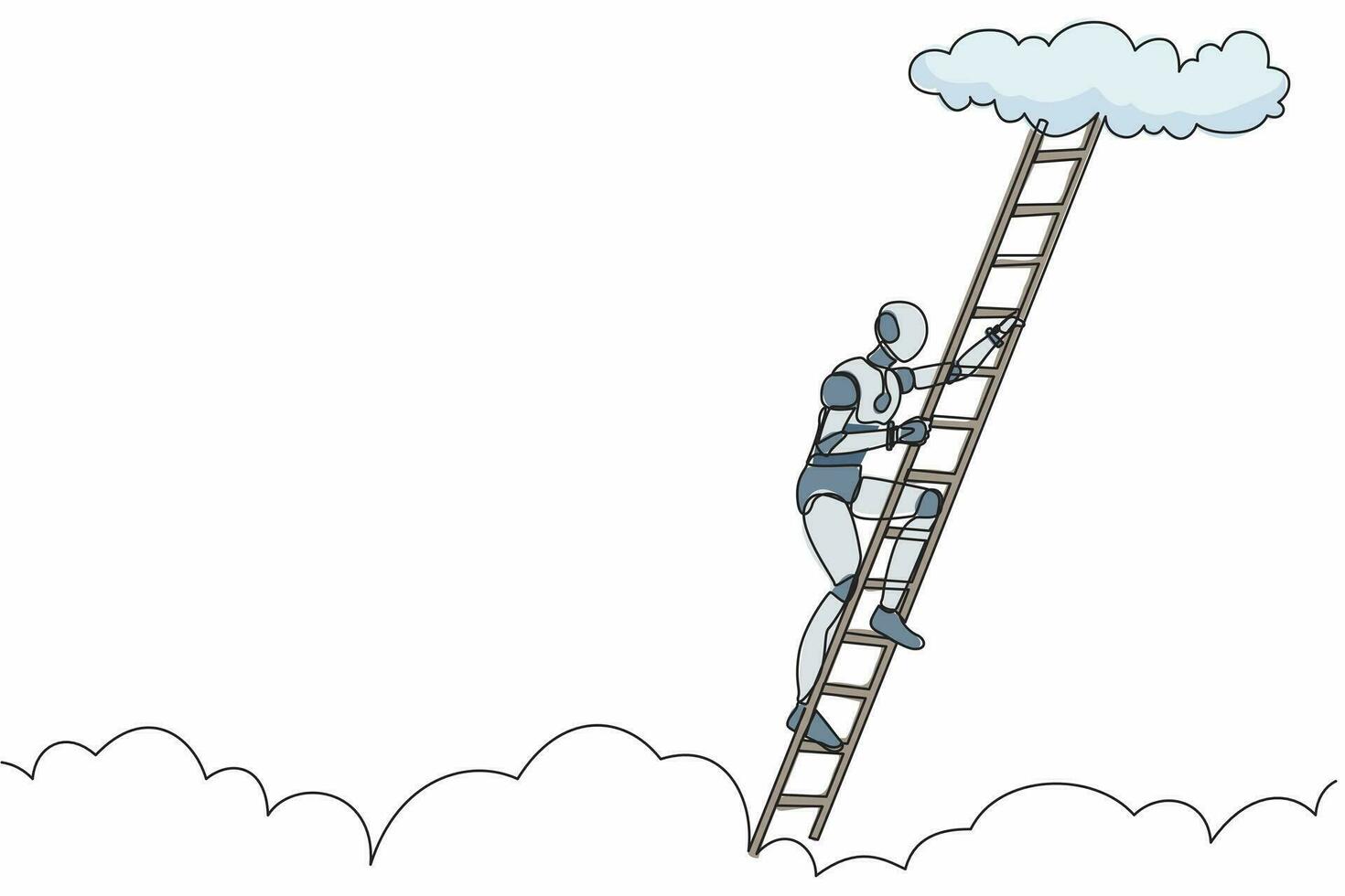 Single one line drawing robot climbing up career ladder to cloud. Future technology development. Artificial intelligence and machine learning. Continuous line draw design graphic vector illustration