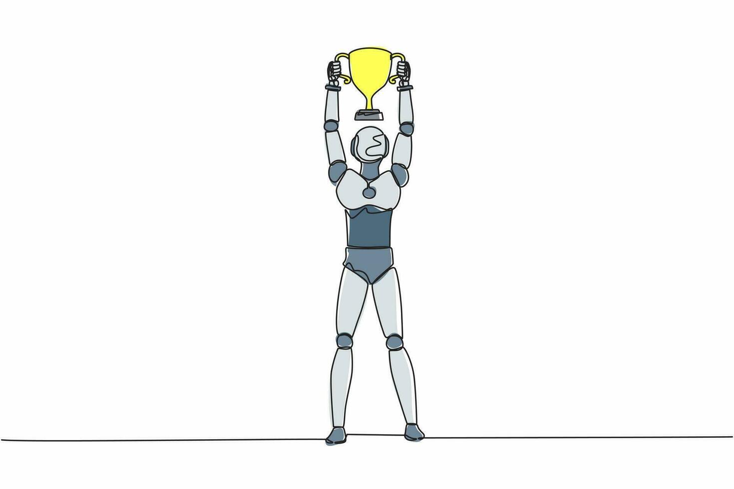 Continuous one line drawing robot holding trophy with two hands. Showing award celebrates his victory. Humanoid robot cybernetic organism. Future robotic. Single line draw design vector illustration