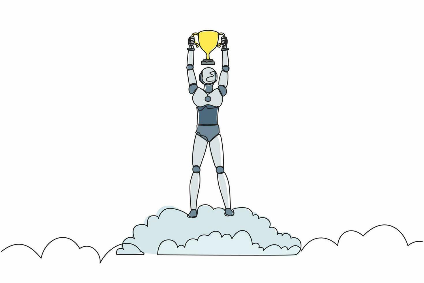 Single continuous line drawing robot holding trophy in cloud. Showing award celebrates his victory in sky. Robotic artificial intelligence. Electronic technology. One line design vector illustration
