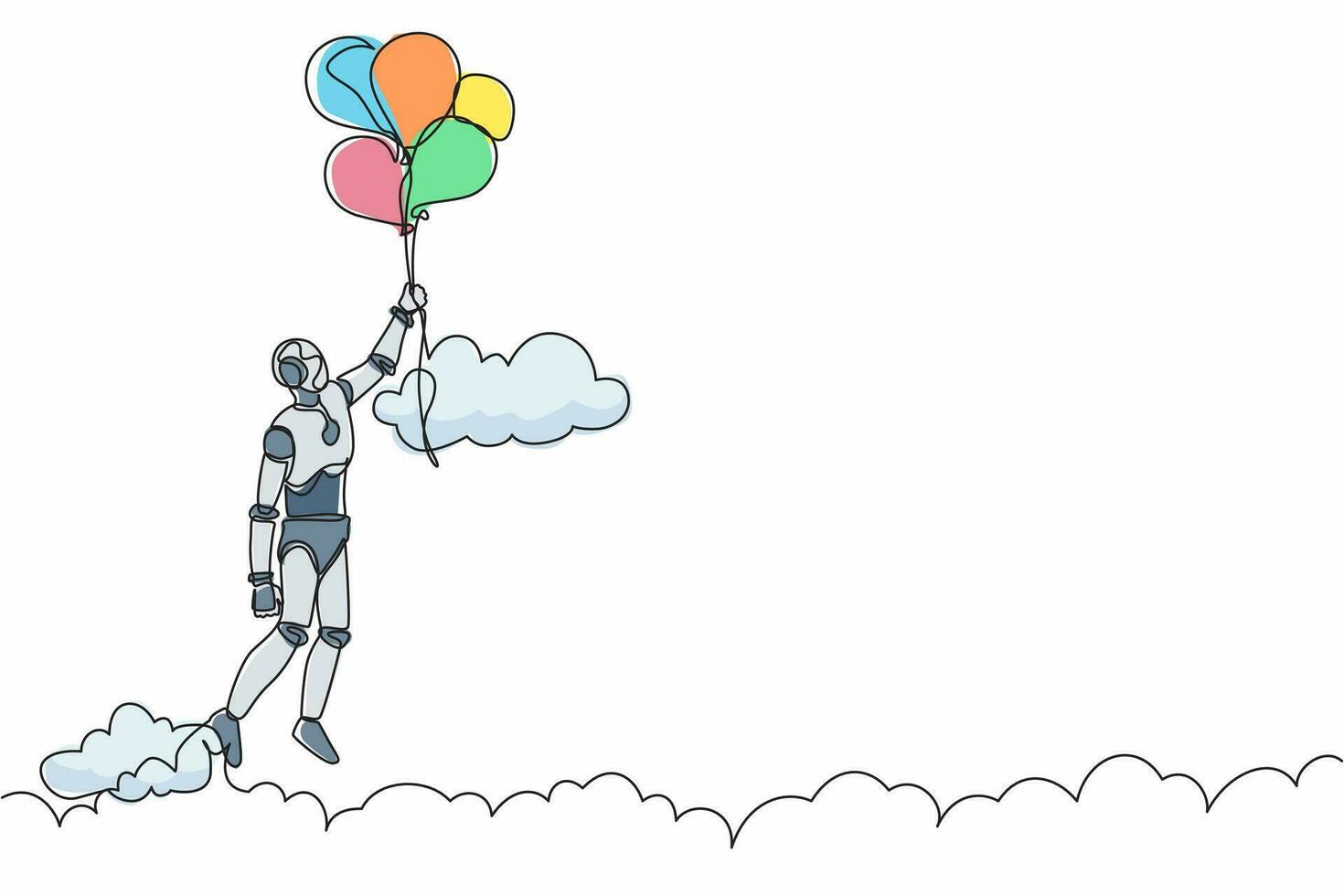 Single continuous line drawing robot floating with balloon. Robot holding balloon flying through cloud. Robotic artificial intelligence. Electronic technology. One line draw design vector illustration