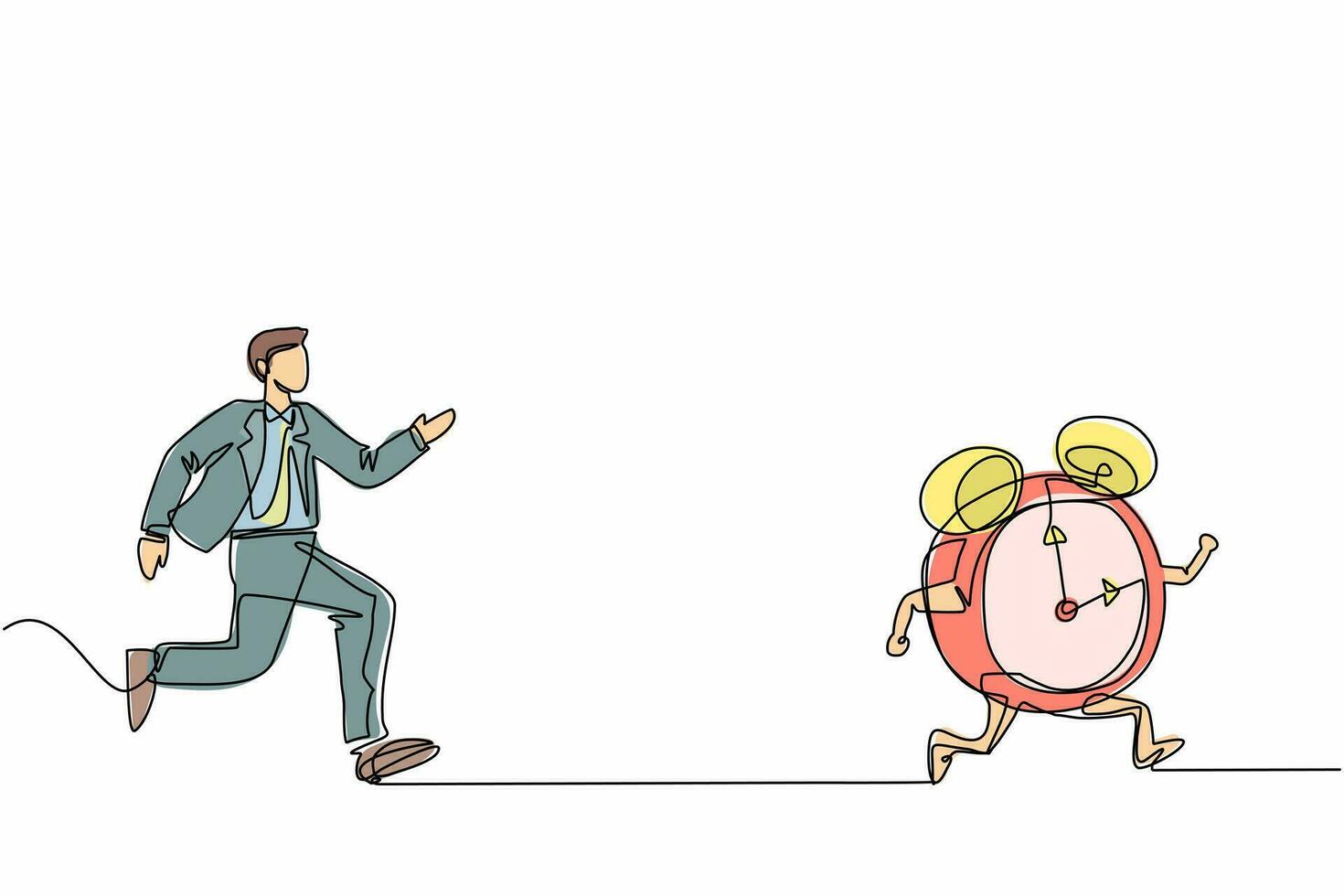 Continuous one line drawing stressed businessman chasing alarm clock. Male manager being chased by work deadlines. Running out of time. Business metaphor. Single line draw design vector illustration