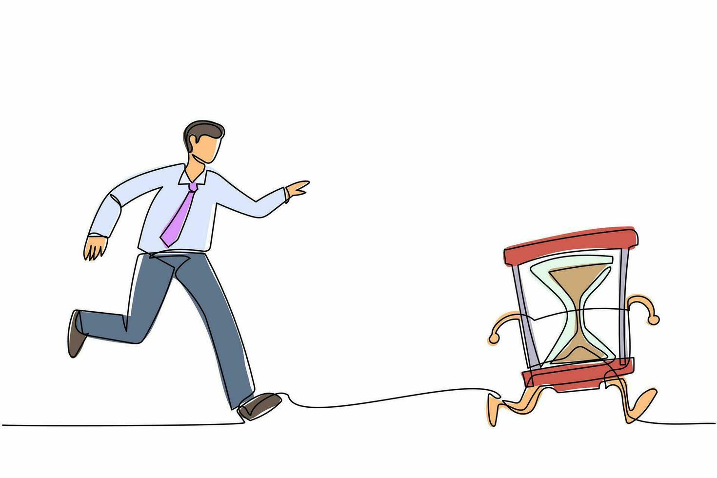 un solo hombre de negocios de dibujo de línea continua corre persiguiendo tratar de atrapar el reloj de arena. concepto de estrés, enojo, agotamiento, plazos, depresión. metáfora empresarial. ilustración de vector de diseño gráfico de una línea