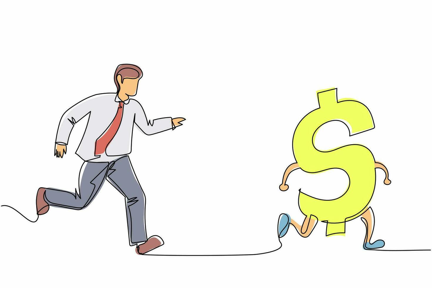 Single one line drawing businessman chasing dollar symbol, trying to catch it, return his money. Financial crisis, ROI, return on investment business. Continuous line draw design vector illustration