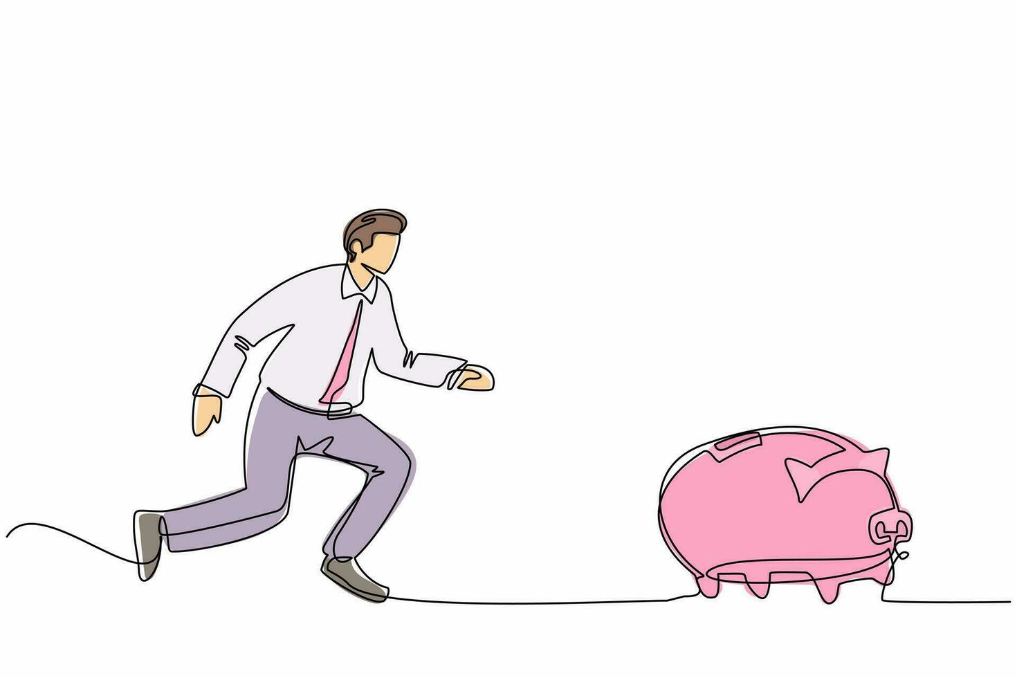 Single continuous line drawing businessman chasing piggy bank, trying to catch it and return his money. Financial crisis, ROI, return on investment business. One line draw design vector illustration