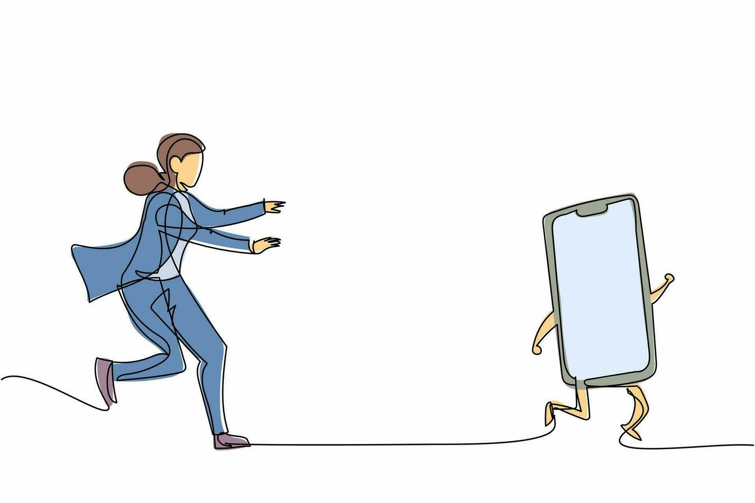 Single continuous line drawing businesswoman run chasing try to catch smartphone. Concept of talking, communication, technology, speaking. Business metaphor. One line draw design vector illustration