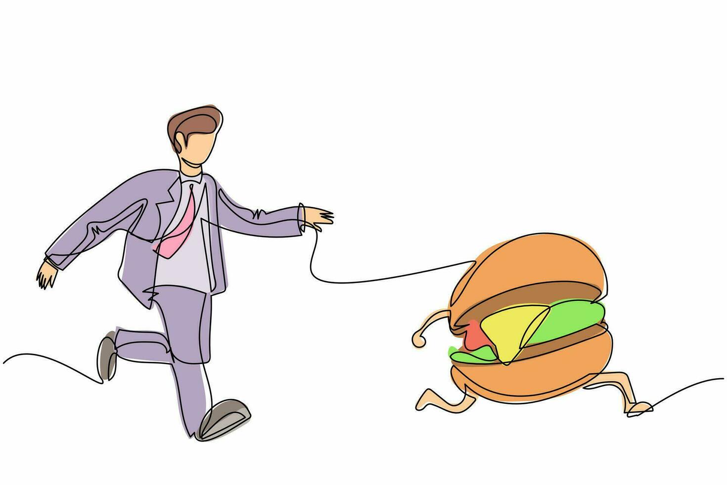 un solo hombre de negocios de dibujo de línea continua corre persiguiendo tratando de atrapar una sabrosa hamburguesa de comida rápida. comida chatarra, insalubre, sobrepeso, obesidad. metáfora empresarial. ilustración de vector de diseño de dibujo de una línea