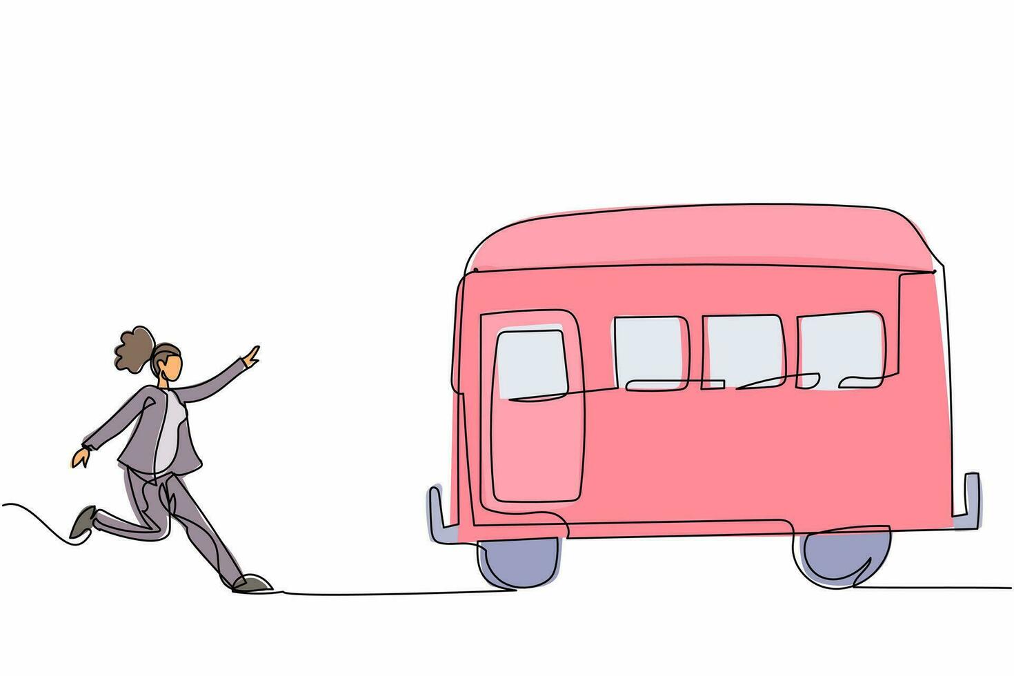 sola mujer de negocios de dibujo de una línea corre persiguiendo tratar de tomar el tren. Date prisa para conseguir transporte, vehículo público de pasajeros. metáfora empresarial. ilustración de vector de diseño de dibujo de línea continua