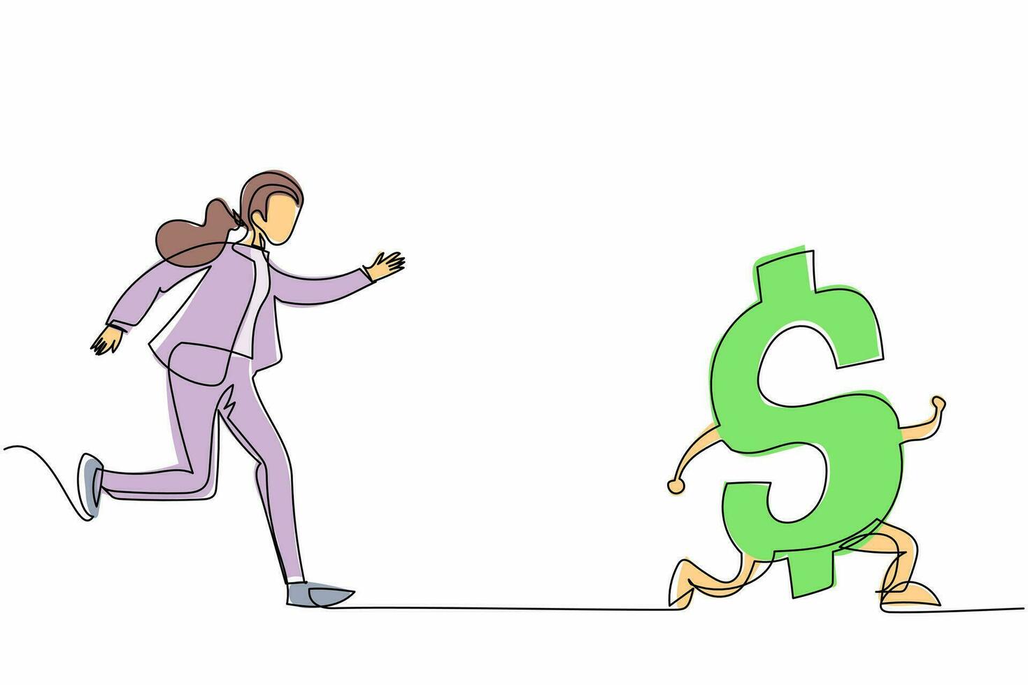 Single continuous line drawing businesswoman chasing dollar symbol, trying to catch it, return her money. Financial crisis, ROI, return on investment business. One line draw design vector illustration