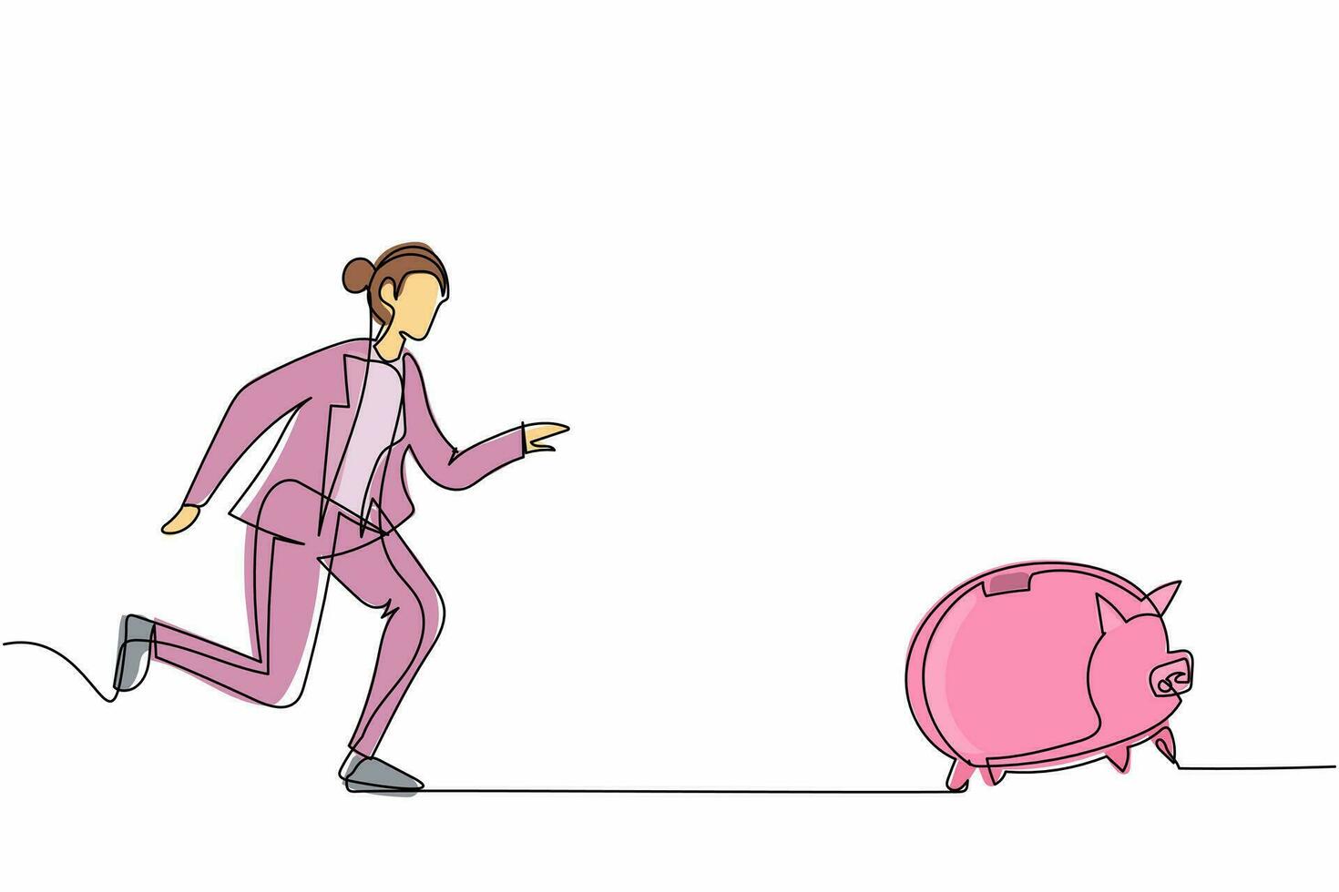 Single continuous line drawing businesswoman chasing piggy bank, trying to catch it and return his money. Financial crisis, ROI, return on investment business. One line draw design vector illustration