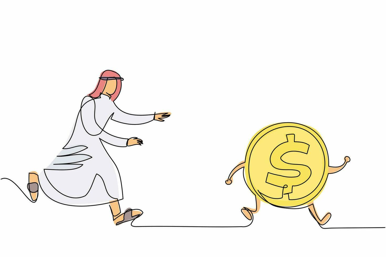 Single continuous line drawing Arab businessman chase dollar coin. Striving for success, chasing dreams, making profits. Get as much money as possible. One line draw graphic design vector illustration