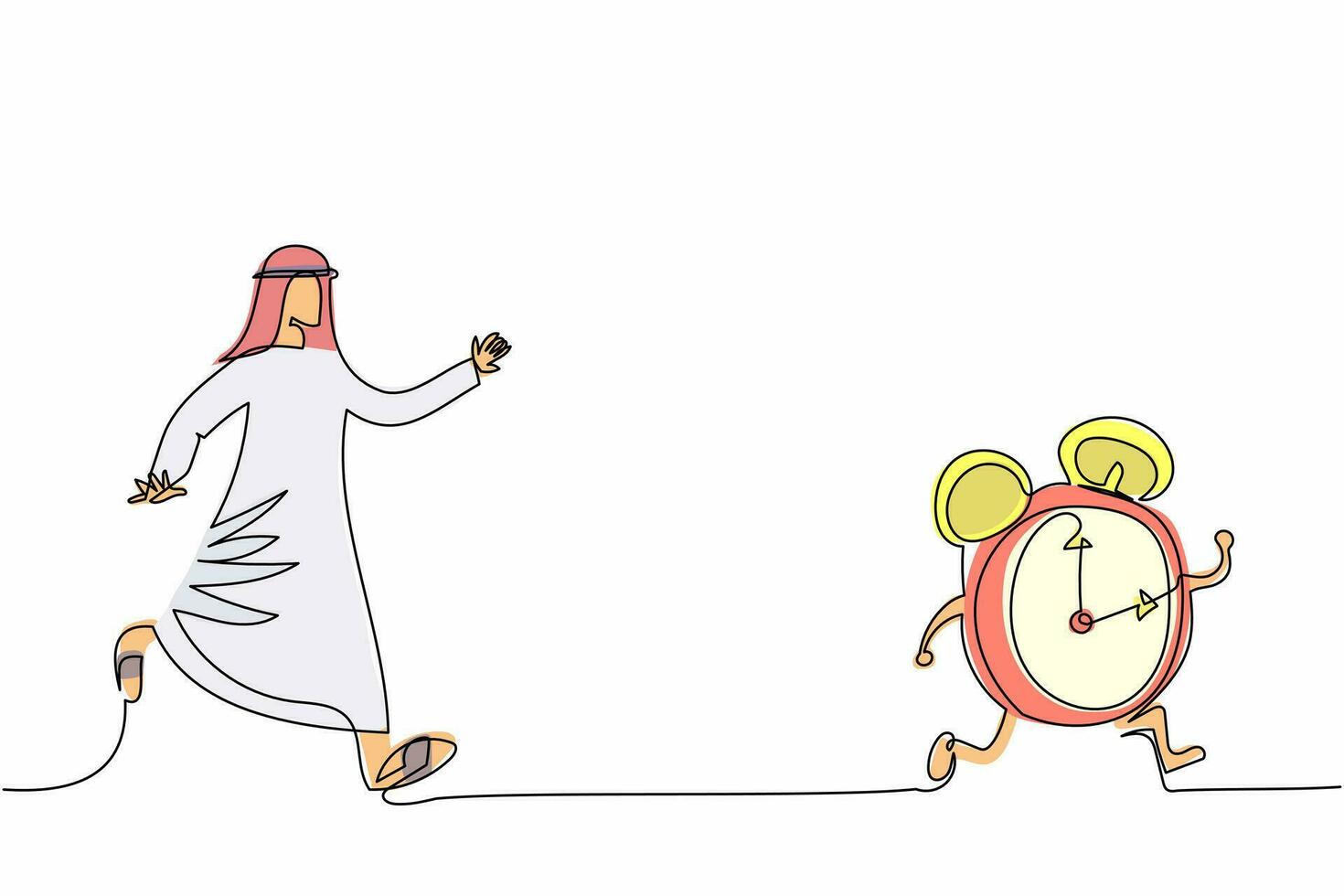 Continuous one line drawing Arabian businessman chasing alarm clock. Management control and schedule work. Organization task and business deadline. Single line draw design vector graphic illustration