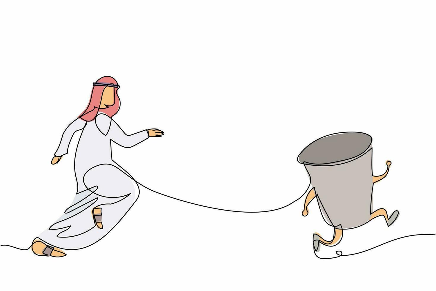 un solo dibujo de línea continua hombre de negocios árabe corre persiguiendo un vaso de papel. tiempo de descanso del trabajo, hablar con amigos, sed, bebida. metáfora empresarial. ilustración de vector de diseño gráfico de dibujo de una línea