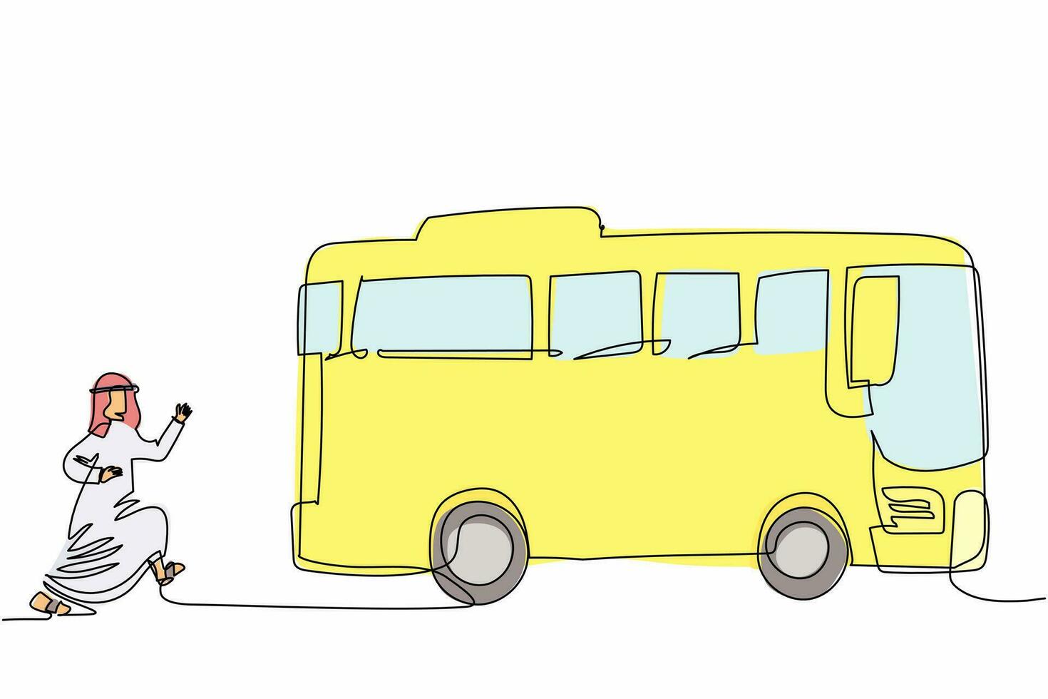 Single one line drawing Arab businessman running chasing bus. Male manager running for an outgoing bus. Latecomer office worker running to reach a bus. Continuous line draw design vector illustration