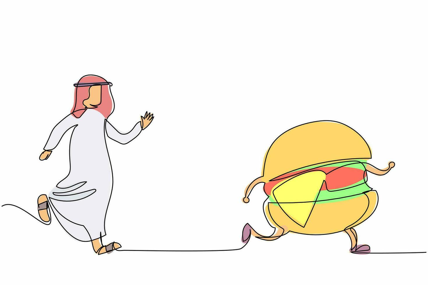 Continuous one line drawing Arab businessman run chasing hamburger. Favorite tasty fast food, hungry time, obesity, unhealthy. Business metaphor. Single line draw design vector graphic illustration