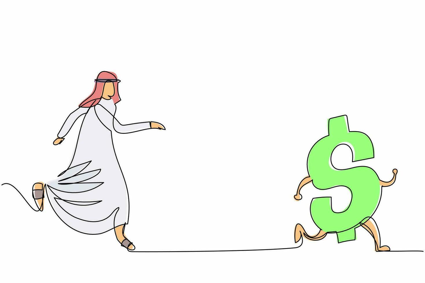 Single one line drawing Arab businessman chasing dollar symbol. Pursuit to success, wealth, financial freedom, rich, investment. Business metaphor. Continuous line design graphic vector illustration