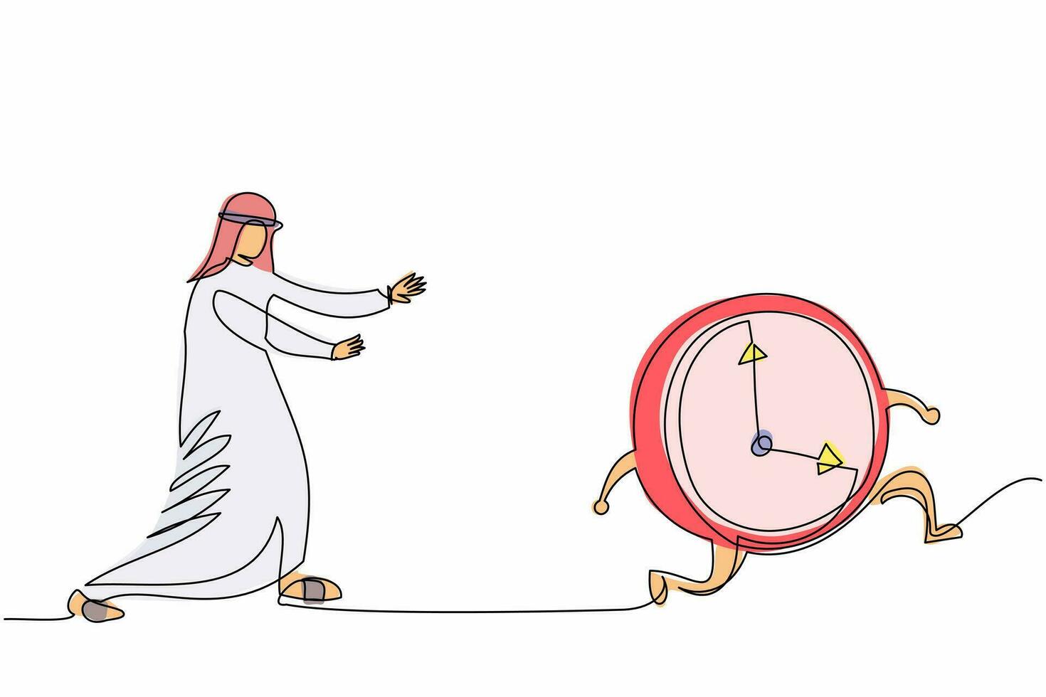 Continuous one line drawing Arab businessman chasing time. Manager runs after clock. Business concept of deadline, time management, fear of being late. Single line design vector graphic illustration