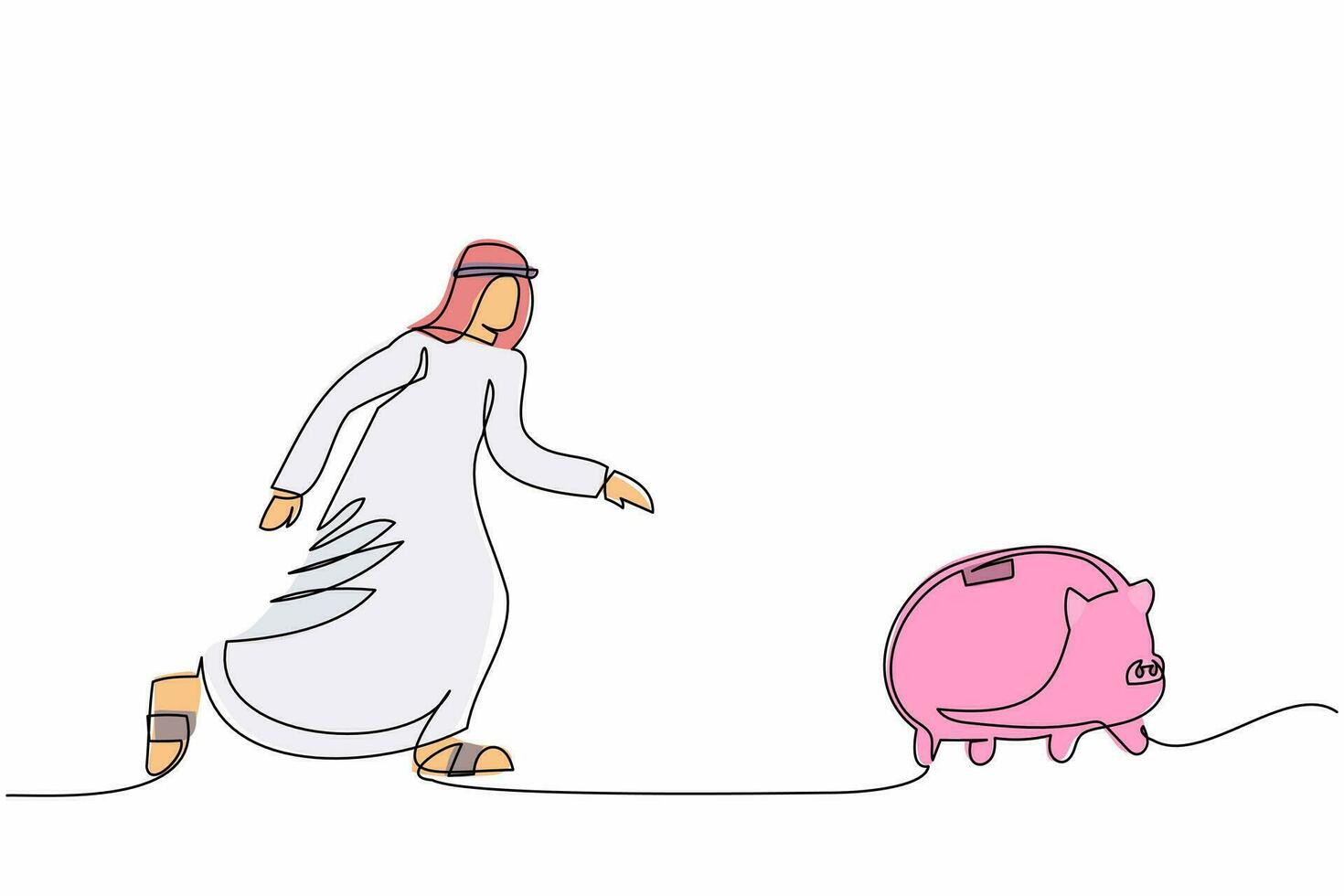 Single one line drawing Arab businessman chasing piggy bank. Saving money concept. Financial loss, economic crisis. Business metaphor. Modern continuous line draw design graphic vector illustration