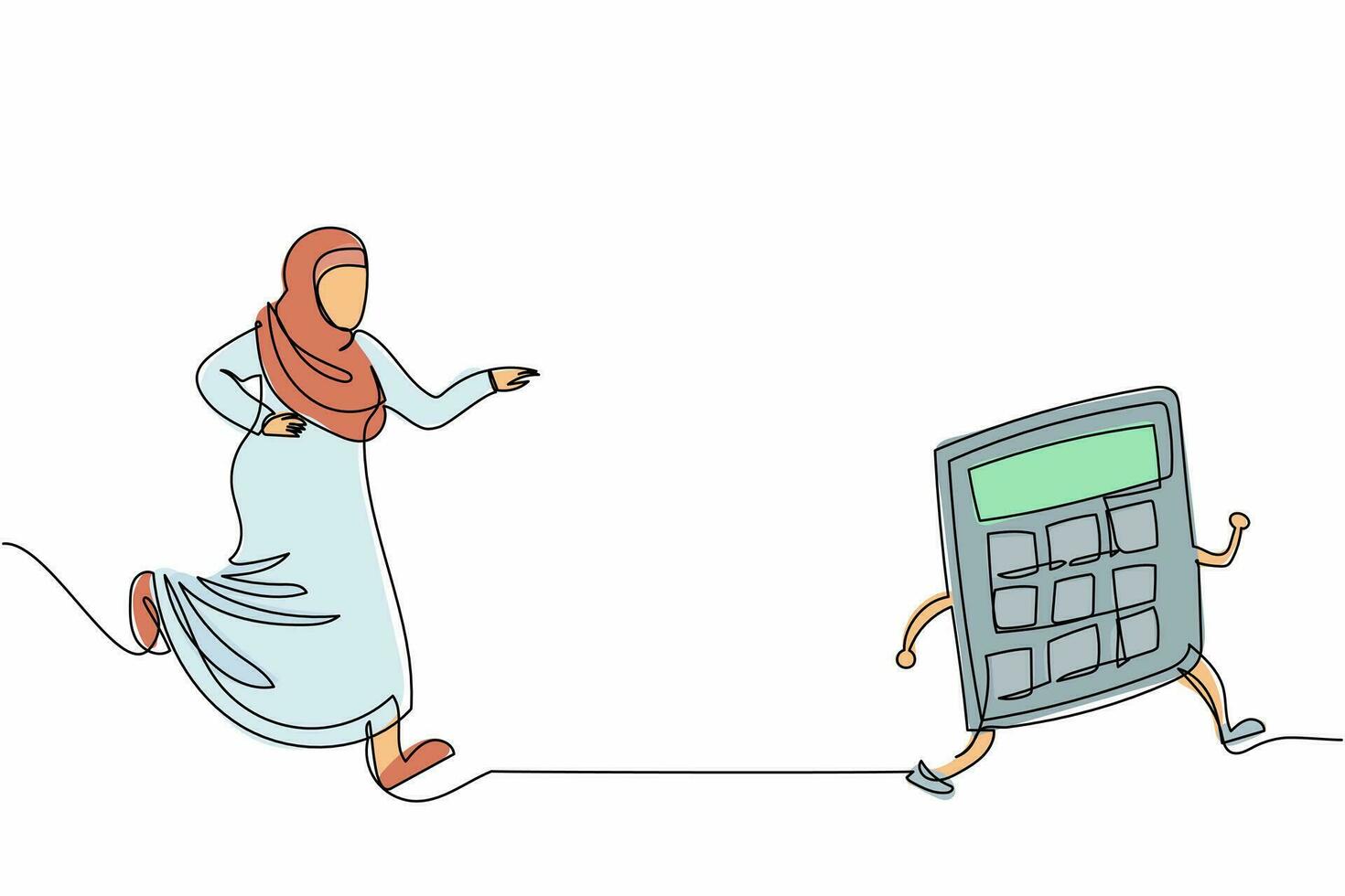 Single one line drawing Arab businesswoman chasing calculator. Equipment for accounting service, calculation of expenses, taxes, financial reporting. Continuous line design graphic vector illustration