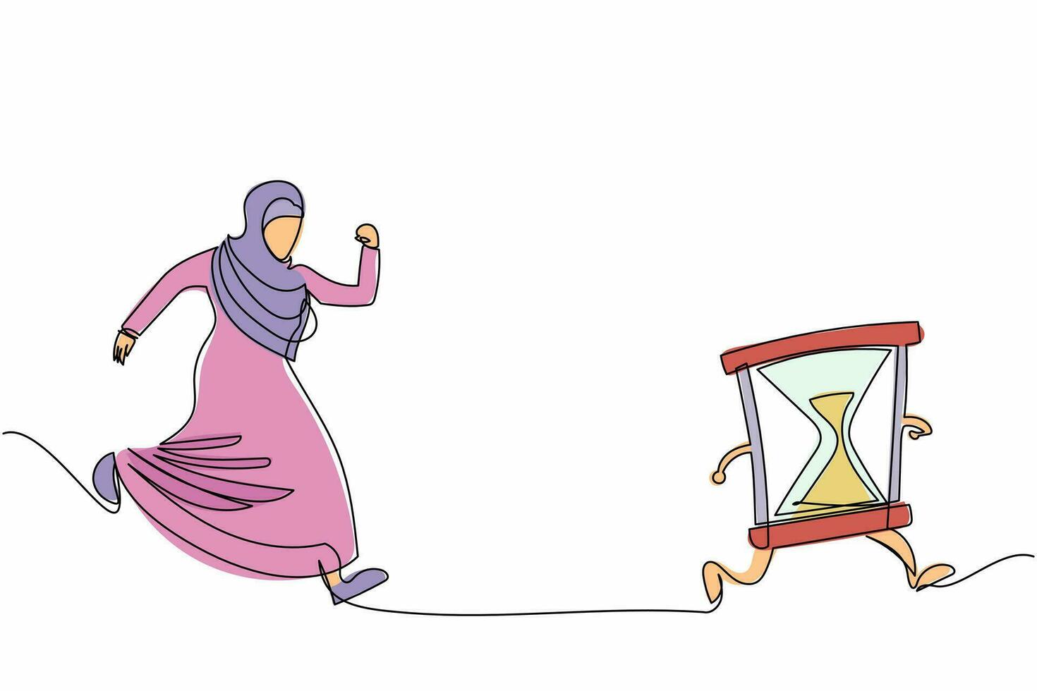 Continuous one line drawing Arab businesswoman chasing hourglass. Time management and finish business project. Concept of deadline, finishing work. Single line draw design vector graphic illustration