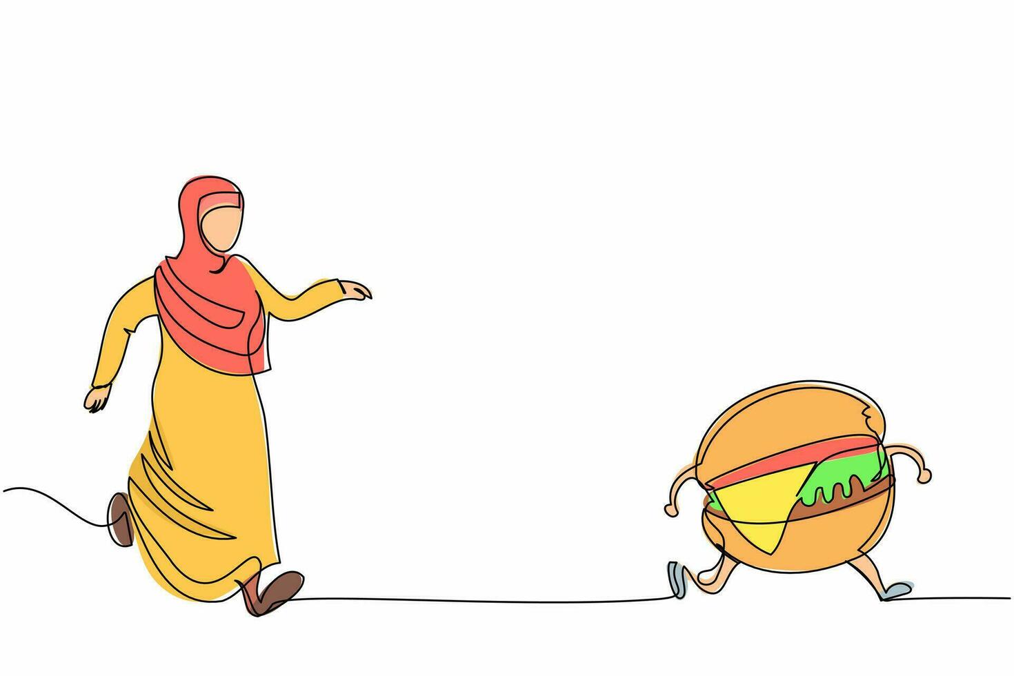 Continuous one line drawing Arab businesswoman run chasing hamburger. Unhealthy fast food and obese stomach. Delicious meal and favorite for many people. Single line design vector graphic illustration