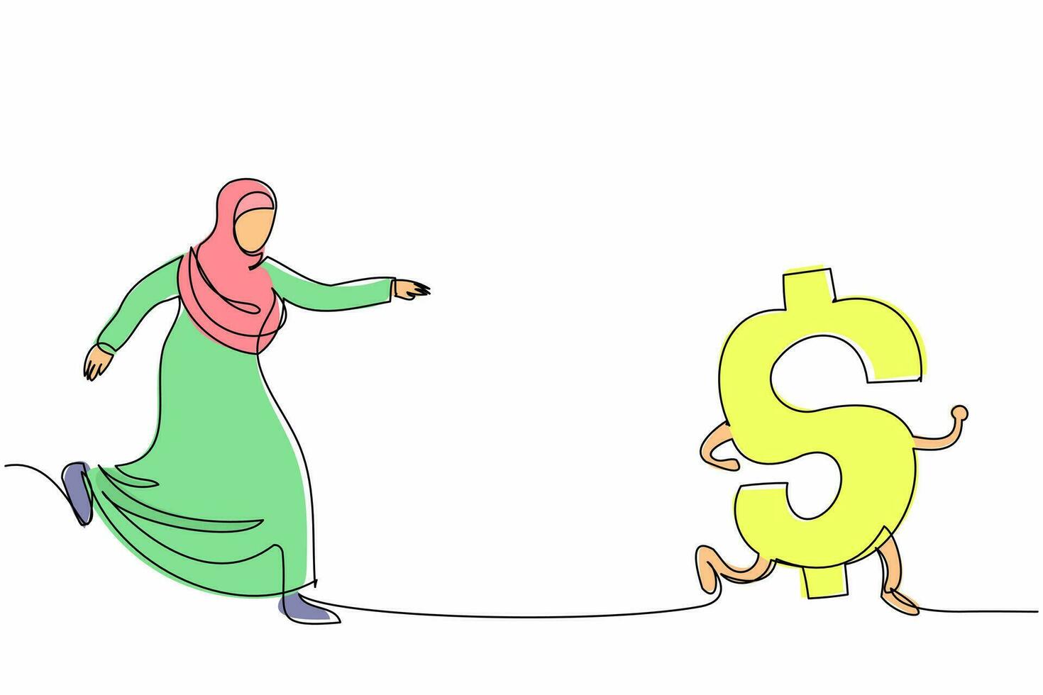 Single continuous line drawing Arabian businesswoman chasing dollar symbol. Female manager want to rich. Business project, savings money, wealth, investment. One line draw design vector illustration