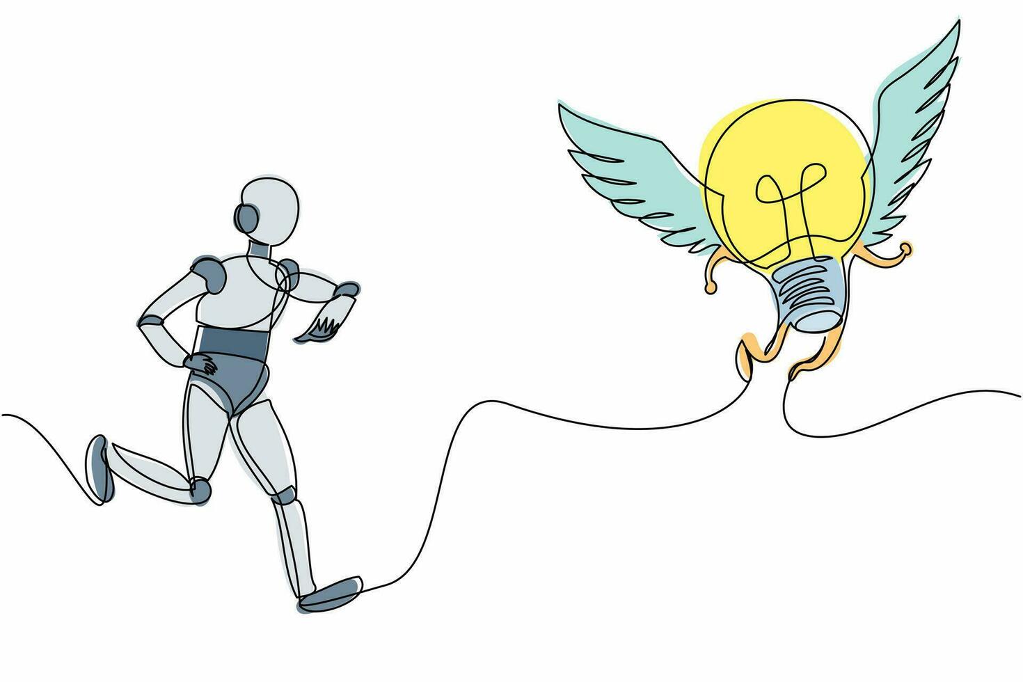 un solo robot de dibujo de una línea persiguiendo una bombilla voladora. búsqueda de creatividad, nueva invención. desarrollo tecnológico futuro. inteligencia artificial. ilustración de vector de diseño gráfico de línea continua