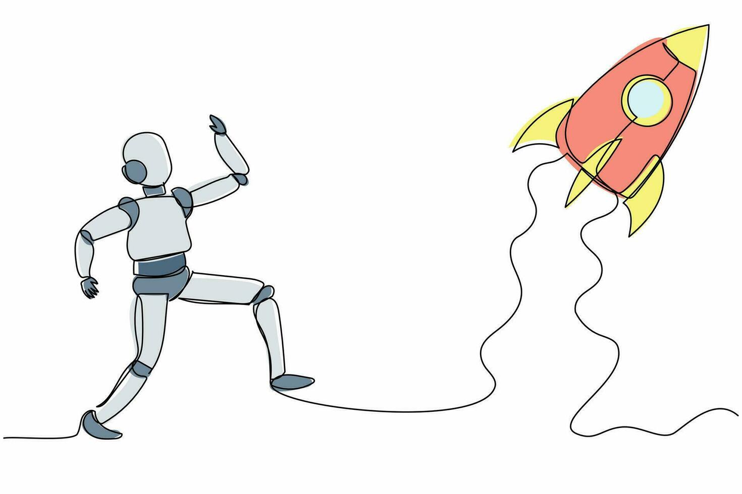 Single continuous line drawing robot run chasing rocket take off. Launching start up business tech. Robotic artificial intelligence. Electronic technology industry. One line draw graphic design vector
