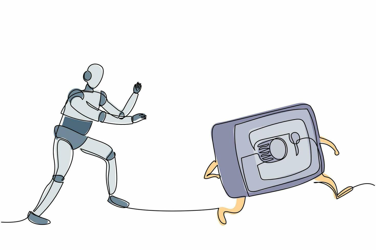 Continuous one line drawing robot run chasing deposit box. Financial security protection. Humanoid robot cybernetic organism. Future robotic development. Single line draw design vector illustration