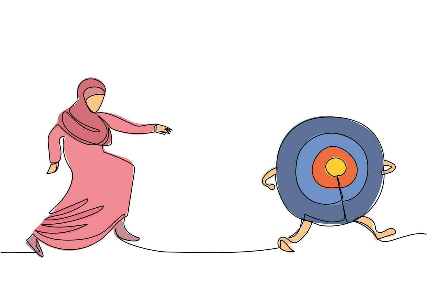 soltero uno línea dibujo árabe mujer de negocios persiguiendo diana objetivo. deporte y competencia para alcanzar meta. exactitud y objetivo plan negocio proyecto. continuo línea diseño gráfico vector ilustración