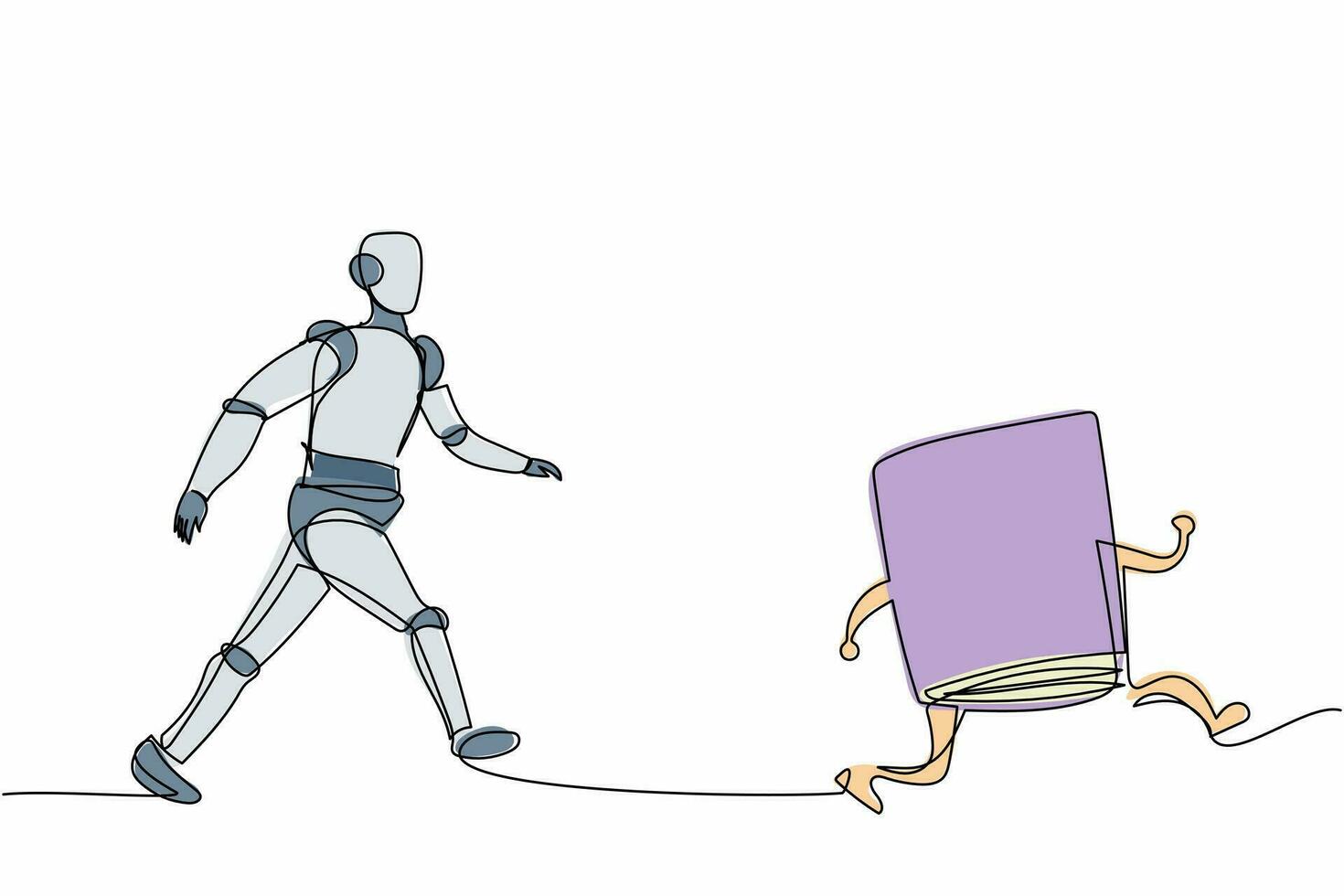 Single one line drawing robot run chasing textbook for learning aspiration. Future technology development. Artificial intelligence machine processes. Continuous line design graphic vector illustration