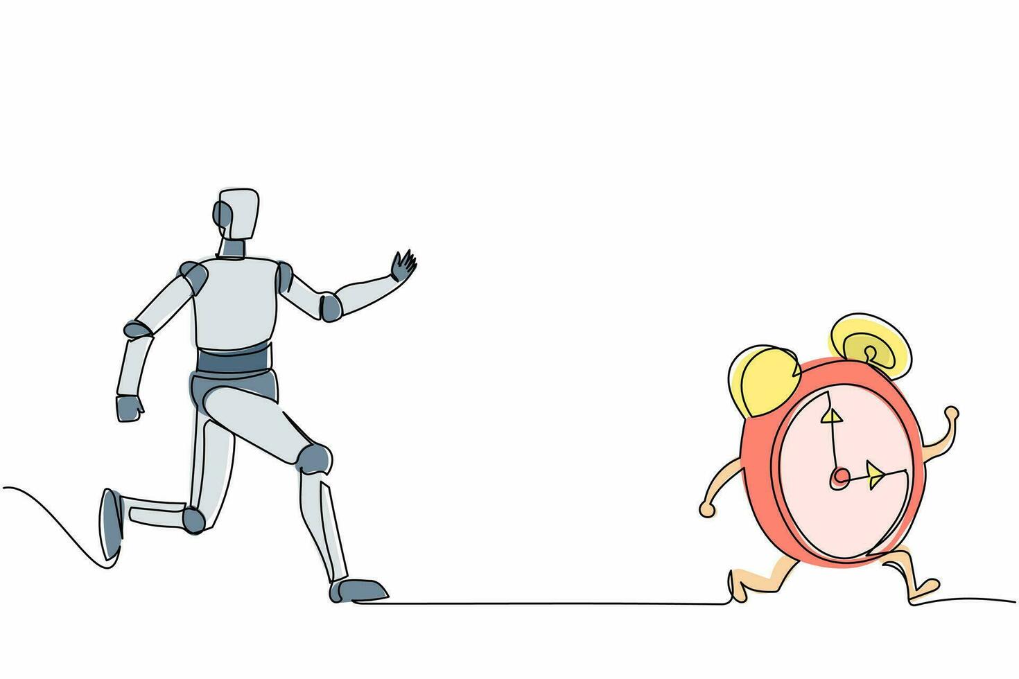 Single continuous line drawing robot chasing alarm clock. System management control and information tech industry. Modern robotic artificial intelligence. One line graphic design vector illustration