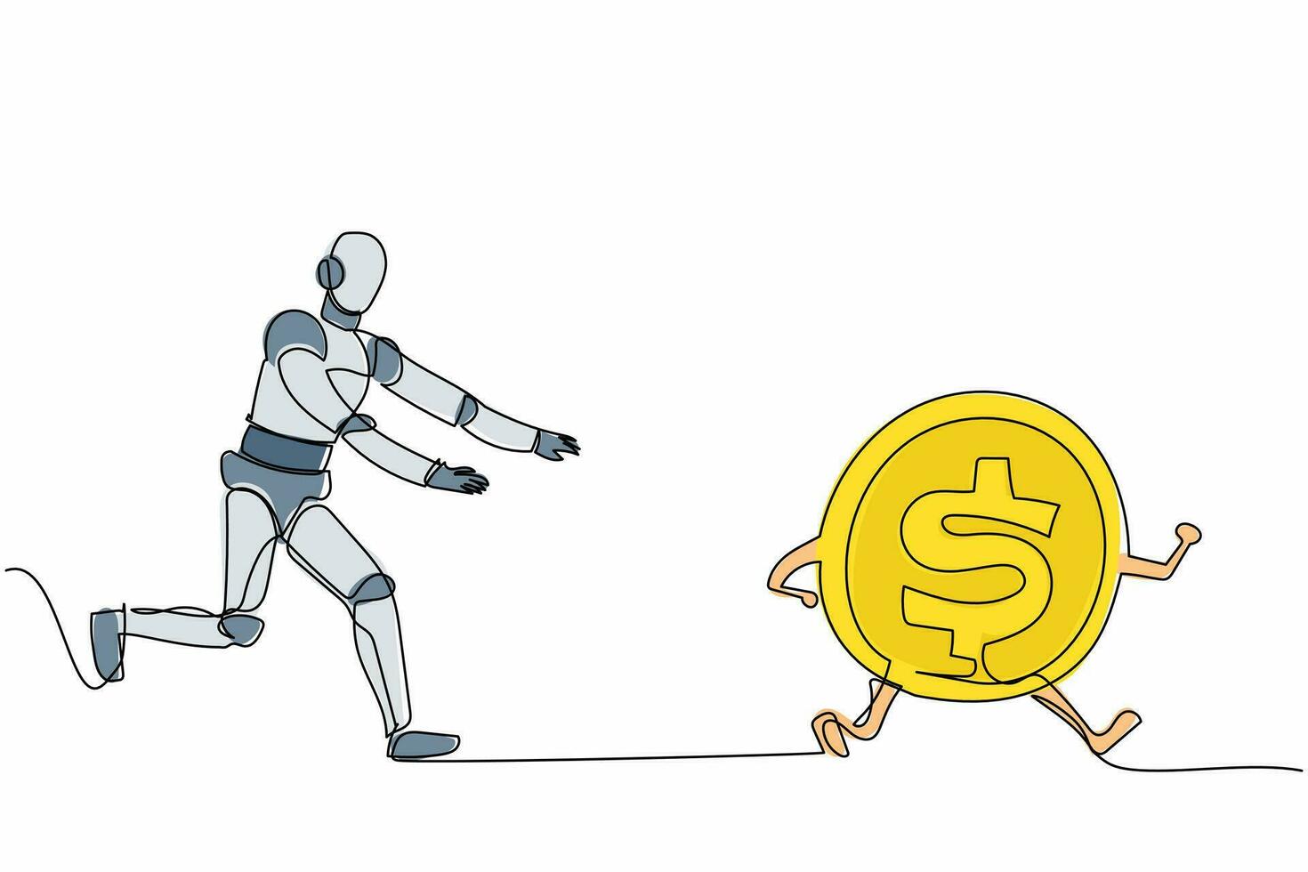 Continuous one line drawing robot chase dollar coin. Huge money in robotic industry investment. Humanoid robot cybernetic organism. Robotic development. Single line graphic design vector illustration