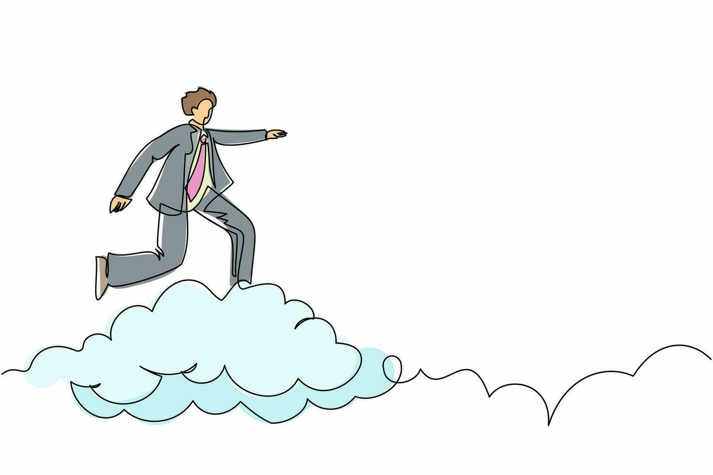 Single continuous line drawing businessman riding cloud on the sky, pointing forward, go to future, business concept. Manager on cloud way to success. One line draw graphic design vector illustration