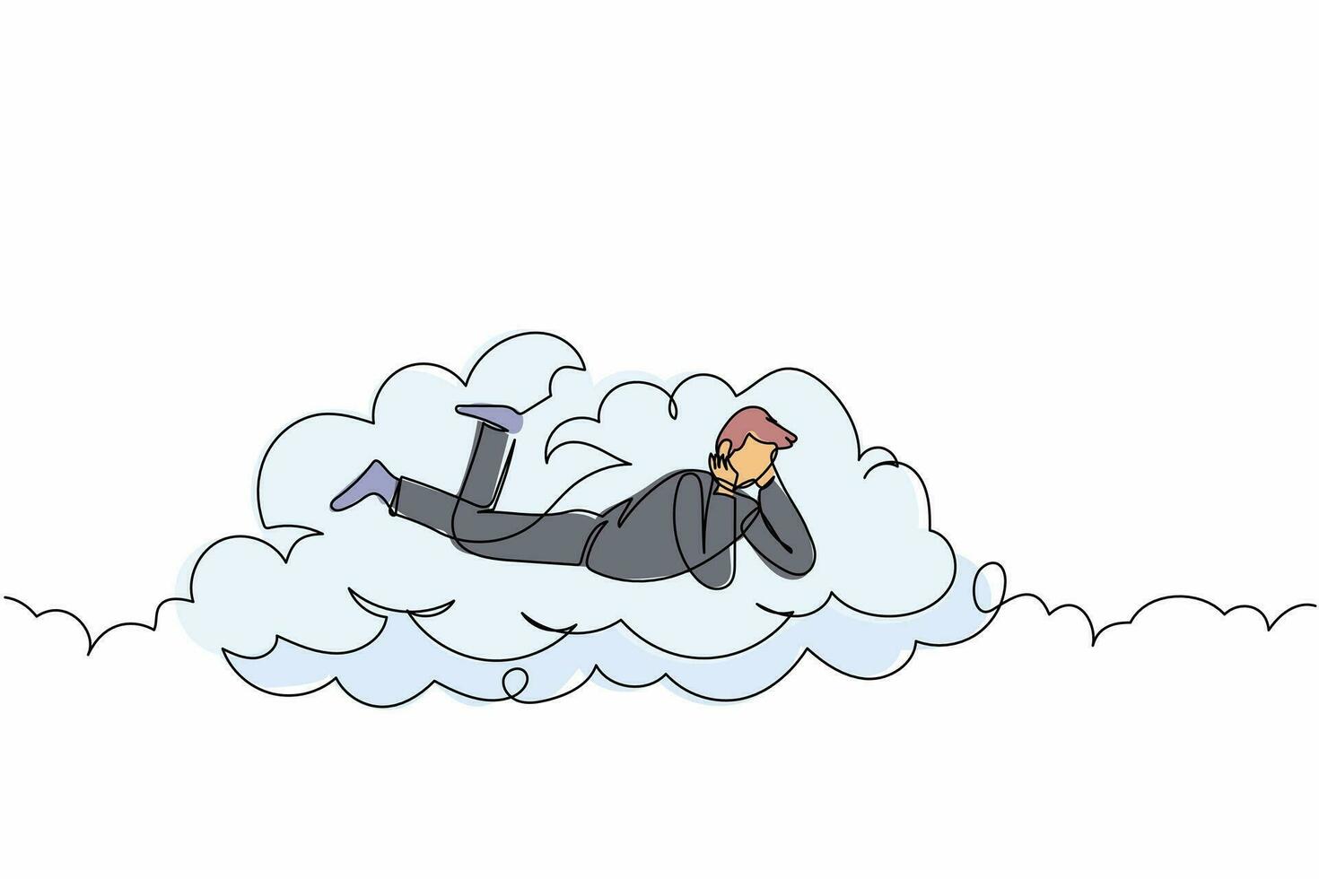 Single continuous line drawing dreamer businessman lay on clouds and dreaming or thinking something about new business. Relaxes man lying on the cloud. One line draw graphic design vector illustration